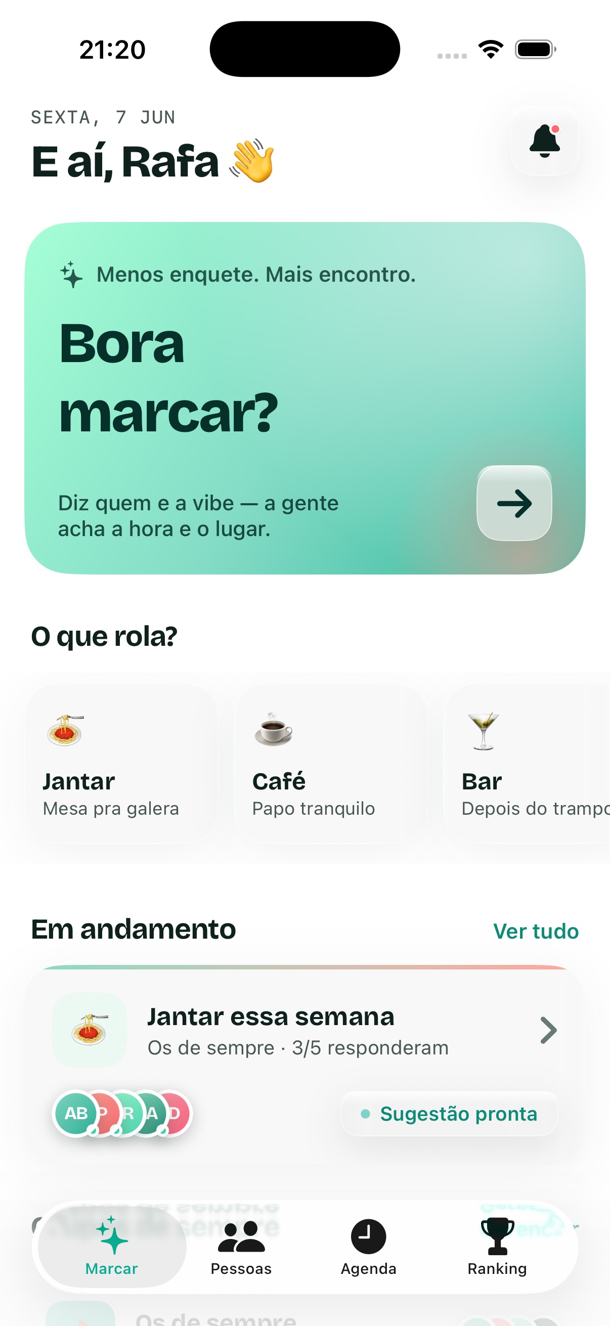 Tela inicial do app: 'Bora marcar?' com sugestões de jantar, café e bar